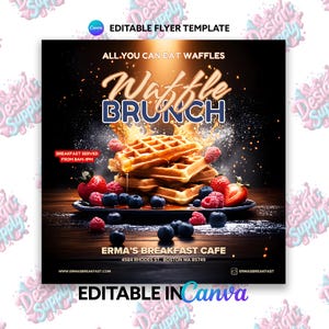 May include: A flyer advertising an all-you-can-eat waffle brunch at Erma's Breakfast Cafe. The flyer features a stack of waffles with syrup and berries on a wooden table. The text on the flyer reads "Waffle Brunch" and "Breakfast served from 8AM-1PM".