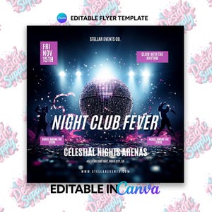 May include: A flyer for a night club event called "Night Club Fever" at Celestial Nights Arenas. The flyer features a disco ball, two dancers, and the date "Fri Nov 15th".
