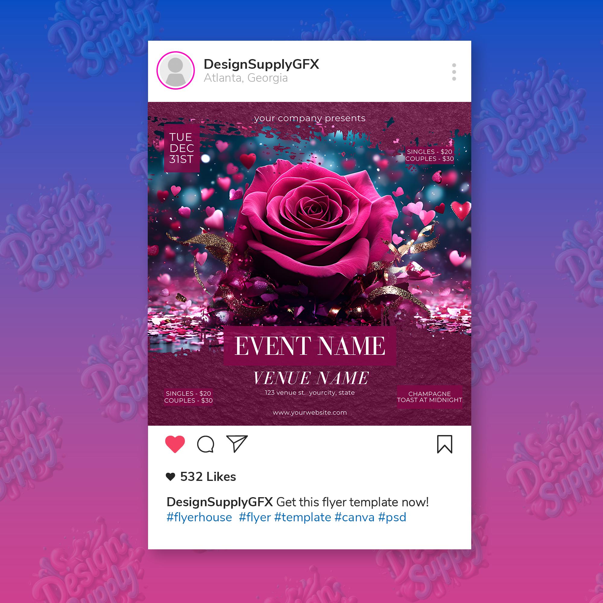 Pink Rose Valentine's Day Flyer Template: Editable Floral Event ...