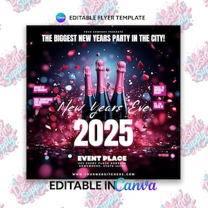 New Year&#39;s Eve Party Flyer: Pink Champagne, Editable Canva Template