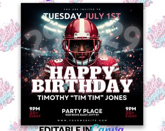 Op de afbeelding: Een zwarte en rode flyer met een American footballspeler die een helm en een shirt draagt. De flyer zegt "Happy Birthday Timothy "Tim Tim" Jones" en bevat de datum "Dinsdag 1 juli" en de tijd "21:00 uur".
