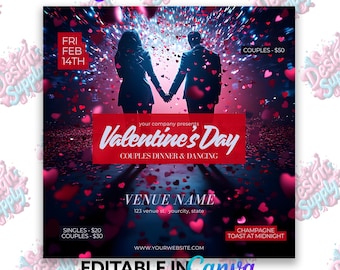May include: A Valentine's Day flyer with a couple silhouetted against a red and blue background with hearts falling around them. The text reads "Valentine's Day Couples Dinner & Dancing" and includes the date, time, venue, and ticket prices.