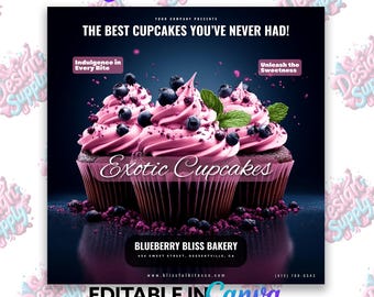 Puede incluir: Un folleto que anuncia cupcakes de arándanos con el texto "The Best Cupcakes You've Never Had!" y "Exotic Cupcakes". El folleto también incluye el texto "Blueberry Bliss Bakery" y un número de teléfono.