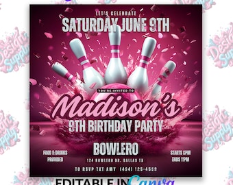 Pink Bowling Birthday Invitation: Editable Canva Template (Digital Download)