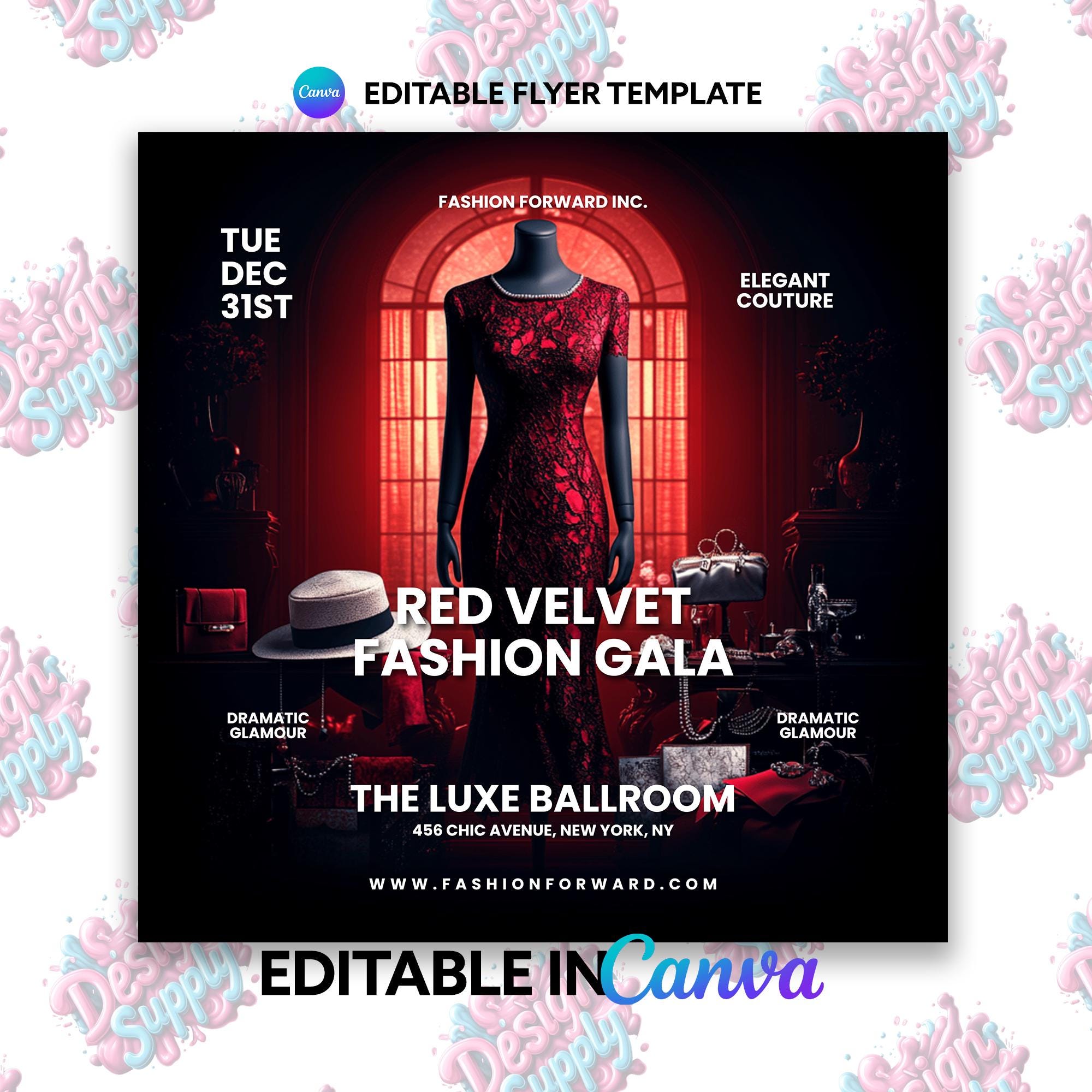 Red Velvet Fashion Gala Flyer: Editable Canva Template - Etsy, image size:2000x2000