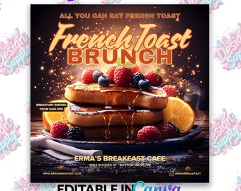 May include: A flyer advertising an all-you-can-eat French toast brunch at Erma's Breakfast Cafe. The flyer features a stack of French toast topped with fresh fruit and syrup, with the text "French Toast Brunch" in a large, orange font.