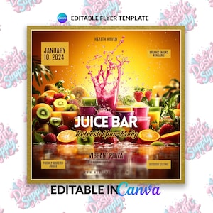 May include: A flyer for a juice bar called "Juice Bar Refresh Your Body" at Health Haven, located at 456 Wellness Ave, Springfield. The flyer features a colorful image of fresh fruit and juice with the text "January 10, 2024" and "Organic Snacks Available".