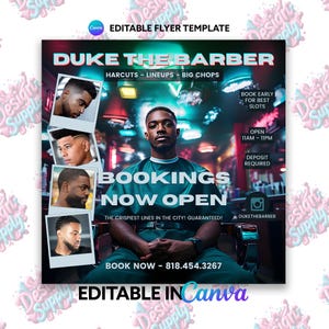 Editable Barber Flyer | Canva Template | Bookings Open 4 Party | Customizable Barber Shop Event Design