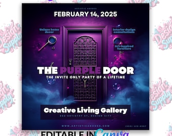 Könnte beinhalten: Ein Flyer für eine Veranstaltung namens "The Purple Door" in der Creative Living Gallery. Der Flyer zeigt eine violette Tür mit aufwendigen Details und einem Schlüsselloch. Die Veranstaltung findet am 14. Februar 2025 statt und wird als "einmalige Einladungs-Party eines Lebens" beschrieben.