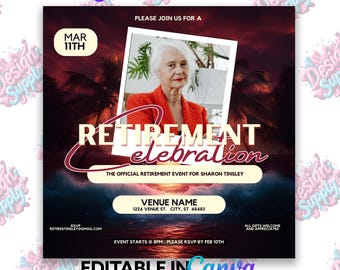 Red Beach Retirement Party Invitation: Editable Canva Template (Digital Download)