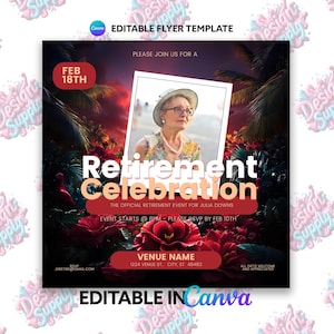 Pensioenflyer - bewerkbaar bloemenfeest canva ontwerp voor dames | Flyer feestevenement | Instagram-bericht | Bericht op sociale media