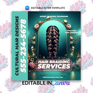 Haare Flechten Flyer Vorlage | Bearbeitbare Canva Vorlage für Hair Salon Promotion | Friseur-Business-Anzeige | Social Media Flyer