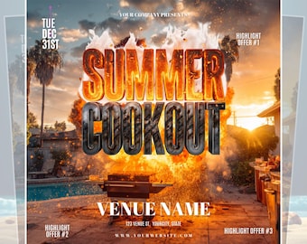 Summer Cookout Flyer Template | Fiery Barbecue Party Poster | Printable Instagram Post | Club Promoters Bar Event Planners Disc Jockey Promo