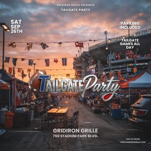 May include: A promotional flyer for a Gridiron Grille Tailgate Party on Saturday, September 26th at 760 Stadium Park Blvd. The image shows a stadium parking lot at sunset with string lights, tents, a football graphic, and text details.