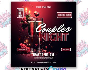 May include: A flyer for a Couples Night event at Heart's Enclave. The flyer features a red background with two champagne glasses, red roses, and hearts. The text on the flyer reads "Couples Night", "Cherish the Moment", "Toast to Love", and "Heart's Enclave".
