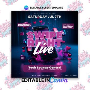 Flyersjabloon speeddaten: veeg naar rechts live-evenement (bewerkbaar canva)