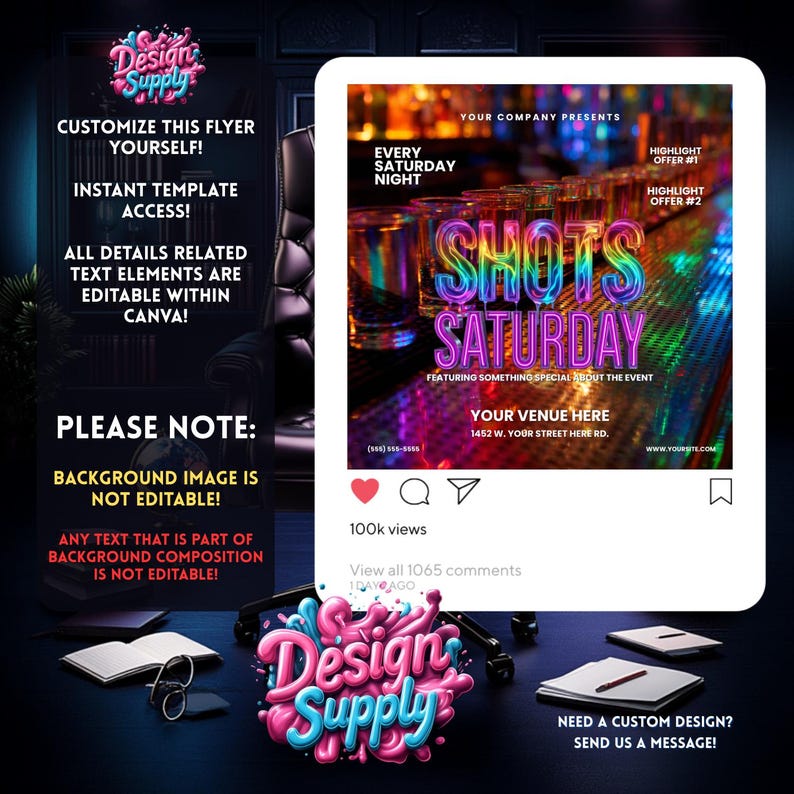 Shots Saturday Flyer Template Neon Club Party Poster Printable