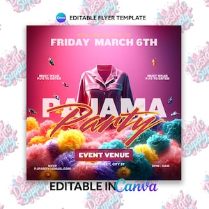 Pink Pajama Party Flyer Template: Editable Sleepover Design (Canva)