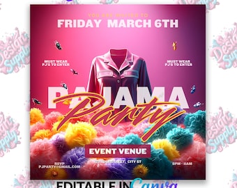 Pink Pajama Party Flyer Template: Editable Sleepover Design (Canva)