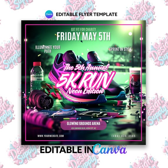 Neon 5K Run Flyer Template: Editable Race Event Design (canva)
