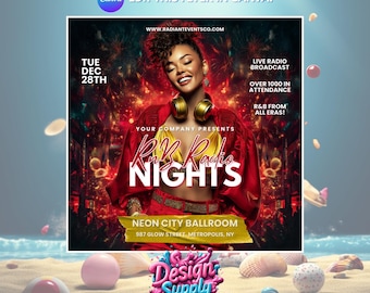 May include: A promotional flyer for "RnB Radio Nights" featuring a woman wearing headphones. The flyer includes the event details: date, time, and location, with the text "Live Radio Broadcast" and "Over 1000 in Attendance". The flyer is set against a vibrant, colorful background.