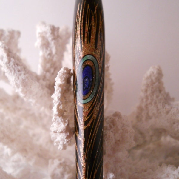 FRIDAY NIGHT SALE-Peacock Lovers Hairstick Gabon Ebony Inlaid with Lapis, Blue and Green Goldstone, Goldstone, Peridot and Copper/Brass Mix