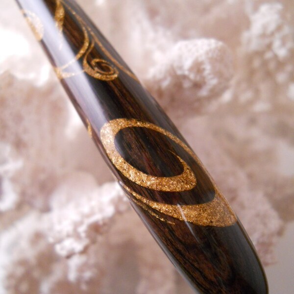 FRIDAY NIGHT SALE-Petite "Fancy Feathery Triple Wrap" Full Body Vine Lovers Hairstick African Blackwood Inlaid with 14 Carat Gold Leaf