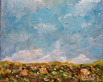 oil painting original landscape abstract prairie oil paintings farm hay bales country clouds canvas wall art home decor nature inspired USA