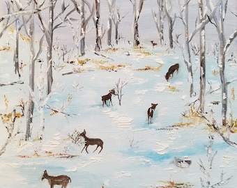 landscape oil painting original deer snow winter animals wildlife trees on canvas wall art home decor woods buck doe forest nature unique US