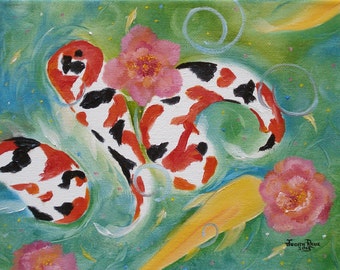 koi fish painting oil painting original aquatic pond colorful tropical animal water flowers flower floral landscape nature canvas decor art