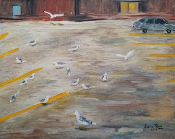 original oil painting coastal seagulls birds parking lot cityscape landscape paintings seagull on canvas urban wings bird wall art home art