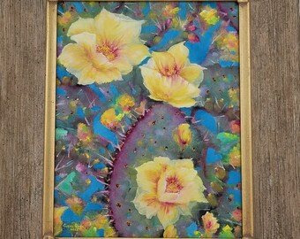 framed original oil painting cactus painting flower painting prickly pear desert Arizona southwest southwestern colorful one of a kind art