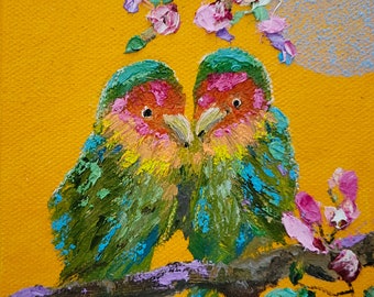 original oil painting lovebird love bird couple anniversary gift wedding gift birds colorful unique flowers feathers small canvas painting