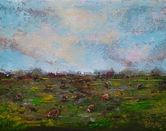 original oil painting cows landscape cow cattle farm country clouds field animals animal small canvas wall art home decor gift nature unique