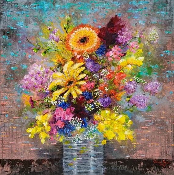 Original Oil Painting Flowers Floral Colorful Unique Bouquet