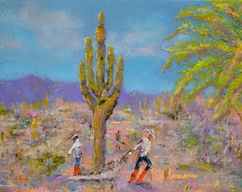 Original oil painting desert landscape Arizona landscapers Saguaro cactus southwest southwestern mountain scenery one of a kind artwork art