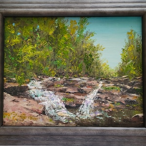 framed original oil painting landscape stream waterfalls woods trees nature rocks wall art home decor one of a kind woodland scenery gift