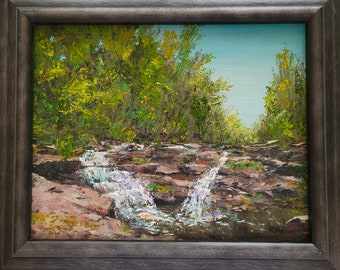Framed Original Oil Painting: Woodland Stream Waterfall Landscape