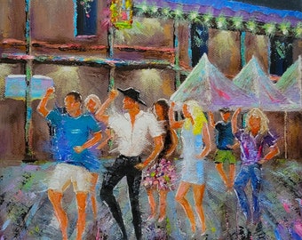 original oil painting dancing line dancer people dance nighttime night dancers western landscape home wall decor one of a kind art gift USA