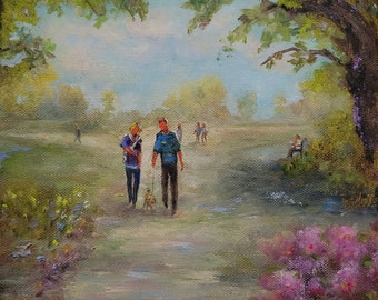 original oil painting landscape park people dog flowers trees path clouds canvas man woman spring walk figures home living wall art decor US