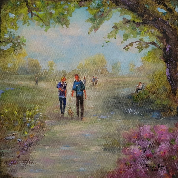 original oil painting landscape park people dog flowers trees path clouds canvas man woman spring walk figures home living wall art decor US