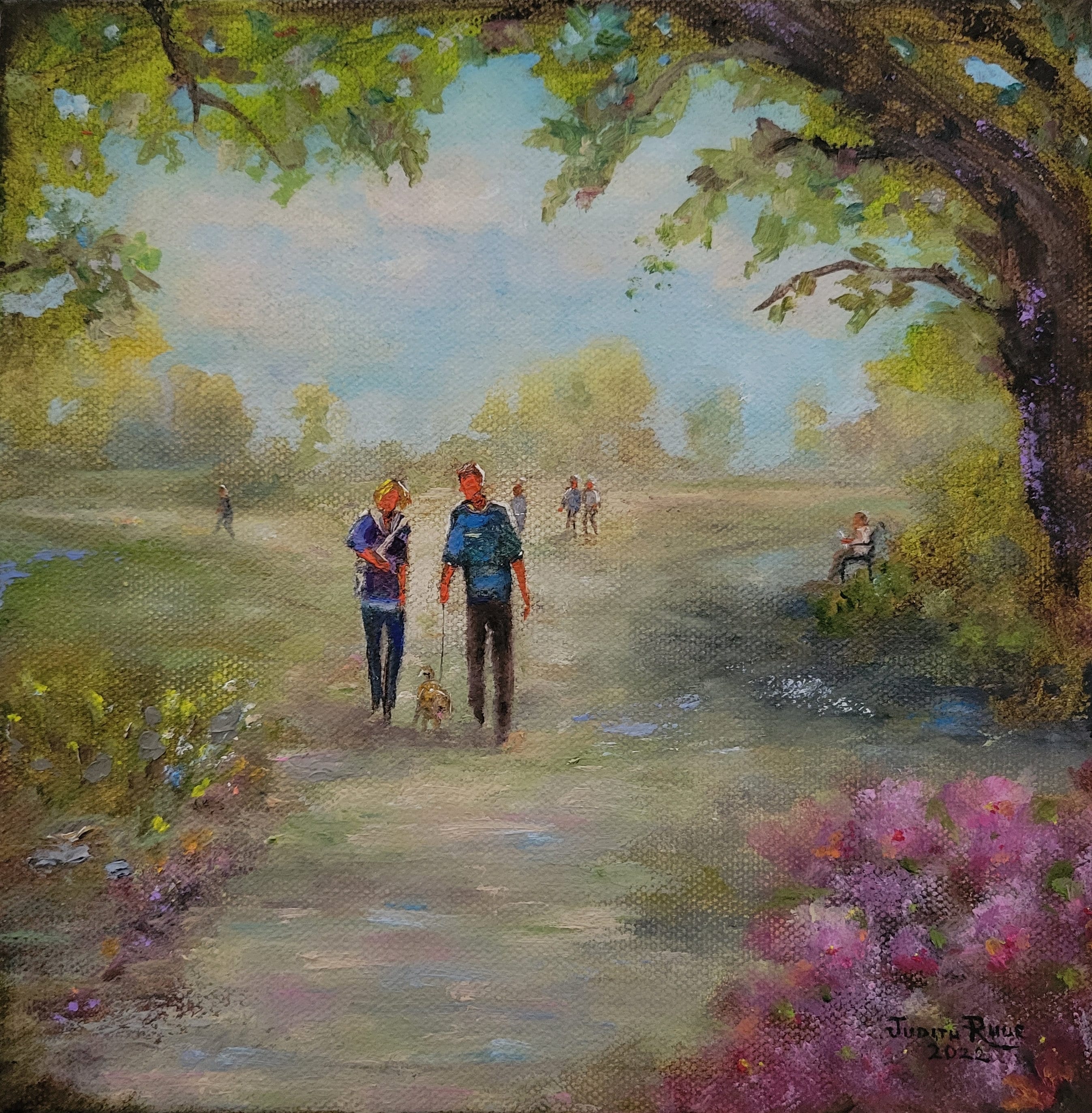 original oil painting landscape park people dog flowers trees path clouds canvas man woman spring walk figures home living wall art decor US