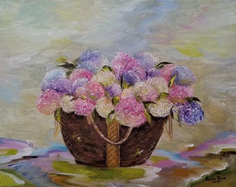 original oil painting hydrangea flowers oil painting colorful floral still life painting on canvas basket bouquet gift wall art home decor