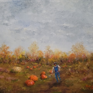 May include: A painting of a field with a person harvesting pumpkins. The field is filled with orange pumpkins and a hay bale. The person is wearing blue overalls and a hat. The sky is cloudy and the trees in the background are a mix of green and brown.
