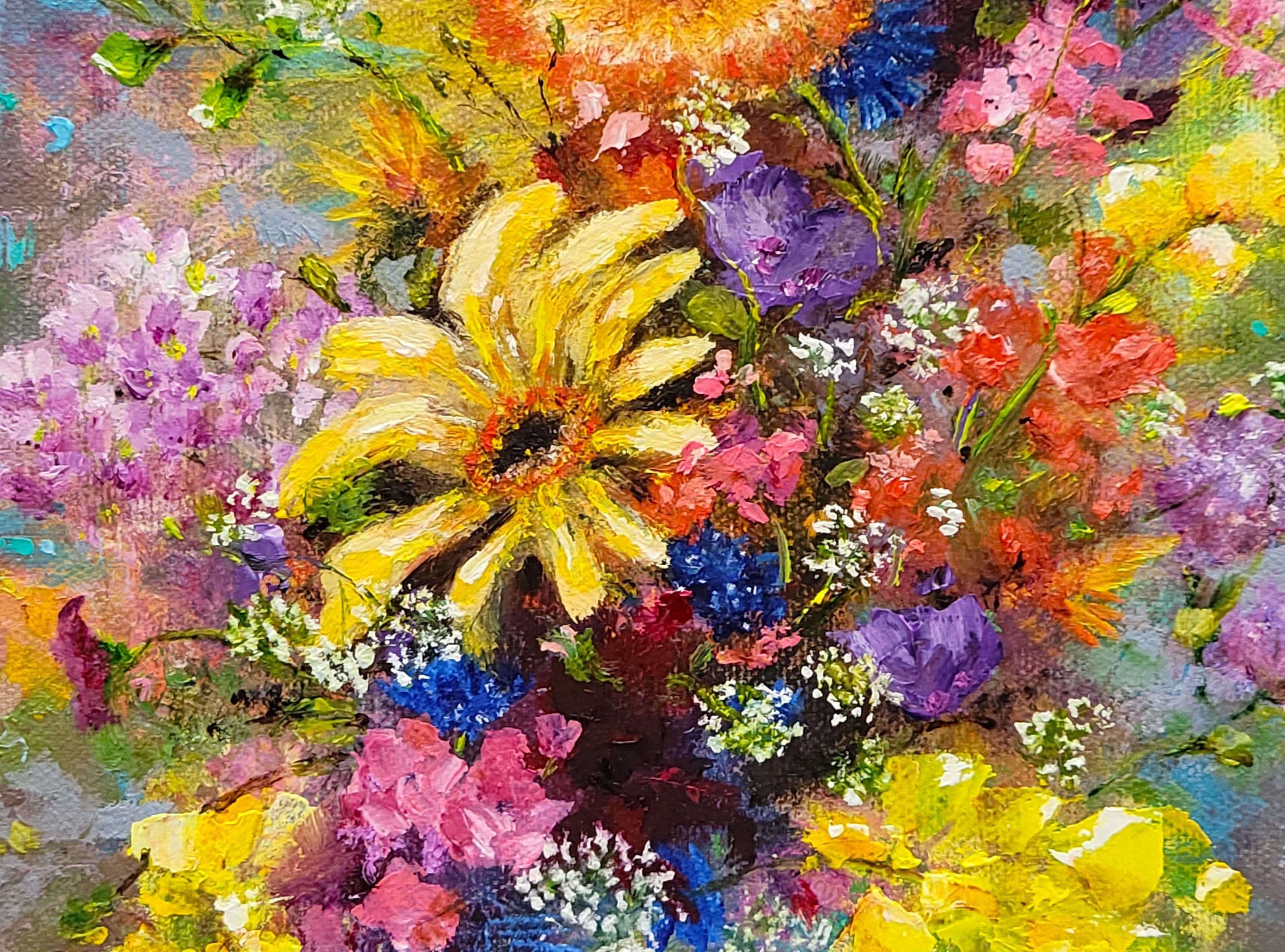 Original Oil Painting Flowers Floral Colorful Unique Bouquet
