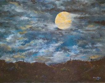 Original oil painting moon landscape desert Arizona night sky clouds blue moon southwestern southwest canvas one of a kind astronomy gift