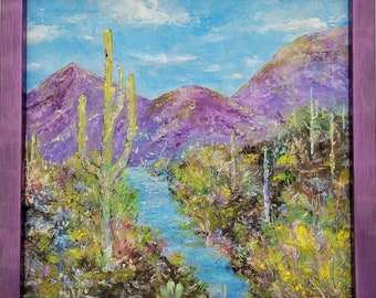 original oil painting desert landscape Arizona creek river water saguaro cactus mountains clouds southwestern western southwest framed art