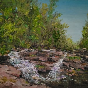 Giclee print on fine art paper of an original oil painting landscape waterfall falls water stream trees country nature rocks artwork decor
