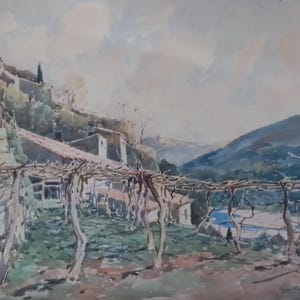 Acuarela antigua francesa de Paul Emile Lecomte (1877+1950)-un pueblo provenzal (la Gattière)-firmada 48 x 62 cm-en excelente estado.