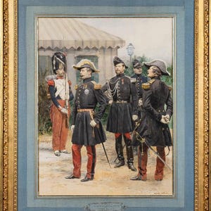 Napoleon III Review-Militaria Napoleonic french art by Edouard Detaille (1848+1912)-original tempera 106x87cm framed-Mint condition.